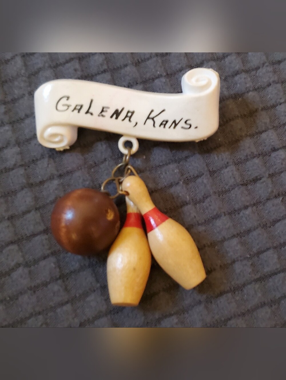 Vintage Galena Kansas Bowling Souvenir Pin Brooch Wood Ball Pins MCM Dangle
